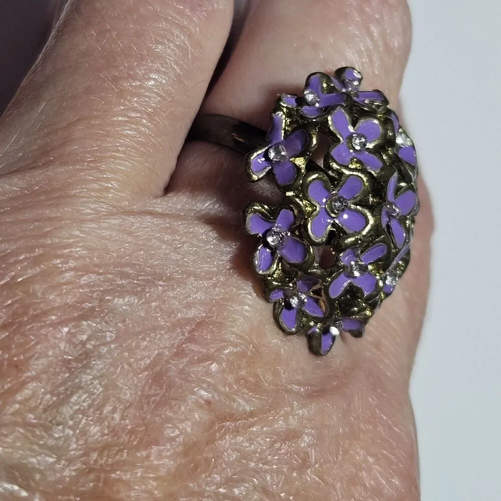 Gold Tone Purple Enamel Flower Ring With Clear Rhinestone Accents Adjustable
